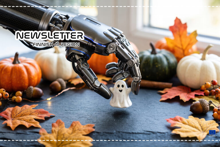 A robotic hand holds a small ghost figurine amidst autumn leaves, pumpkins, and acorns, blending technology with a festive Halloween theme. Created with AI.