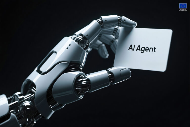 An AI agent robot handing a business card labeled AI Agent, collaboration in communication between humans and artificial intelligence. By Shahed. Generated with AI.