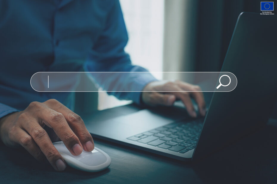 Data search technology search engine optimization with blank search bar, man hands working with laptop computer Searching internet data information. Photo by Kelvn / Adobe Stock Photos