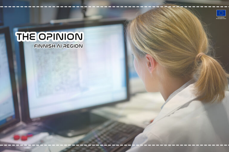 Over-the-shoulder view of a woman with blonde hair in a ponytail wearing a white lab coat, working at a workstation with multiple computer monitors showing medical or scientific data.