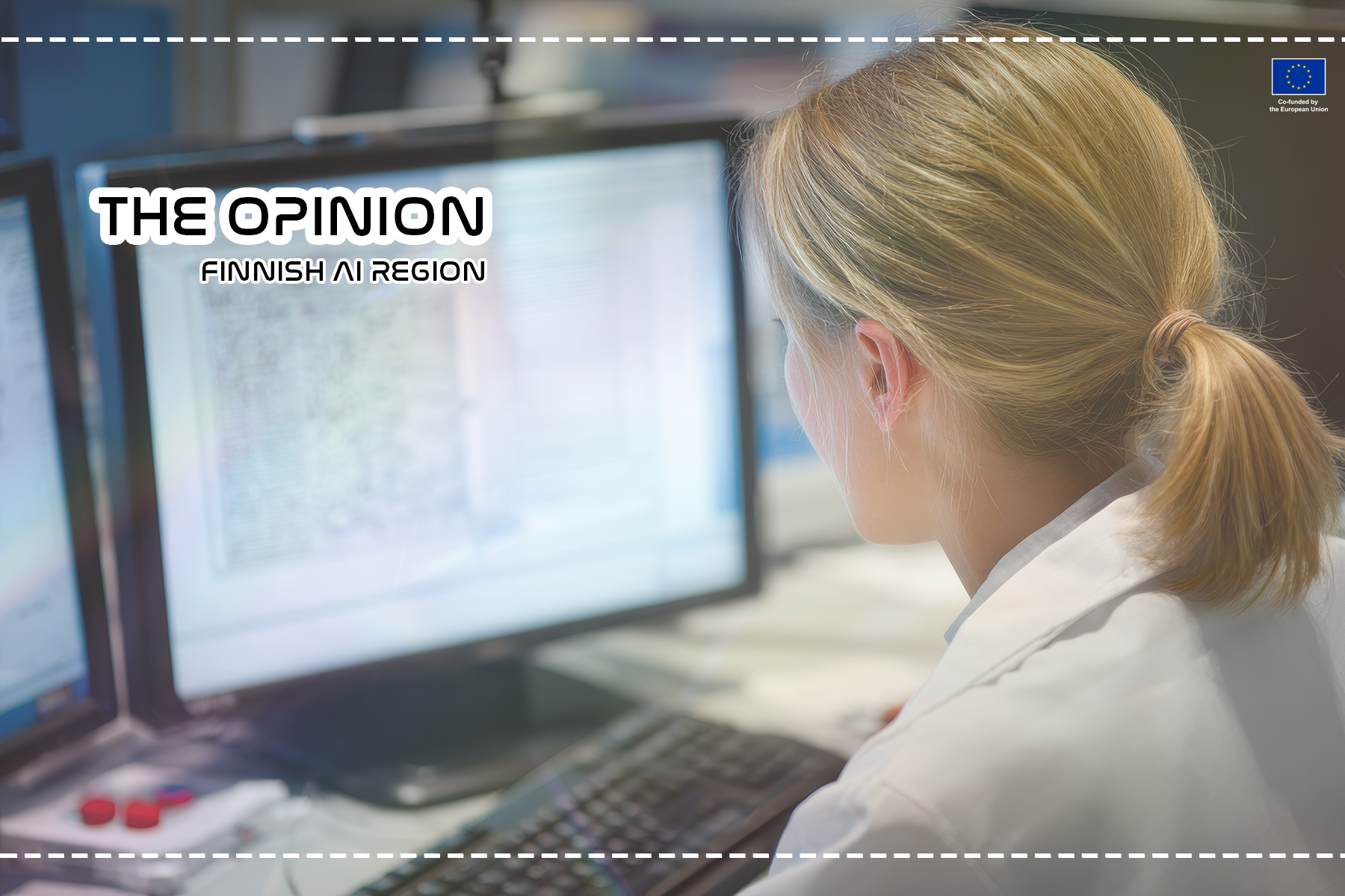 Over-the-shoulder view of a woman with blonde hair in a ponytail wearing a white lab coat, working at a workstation with multiple computer monitors showing medical or scientific data.