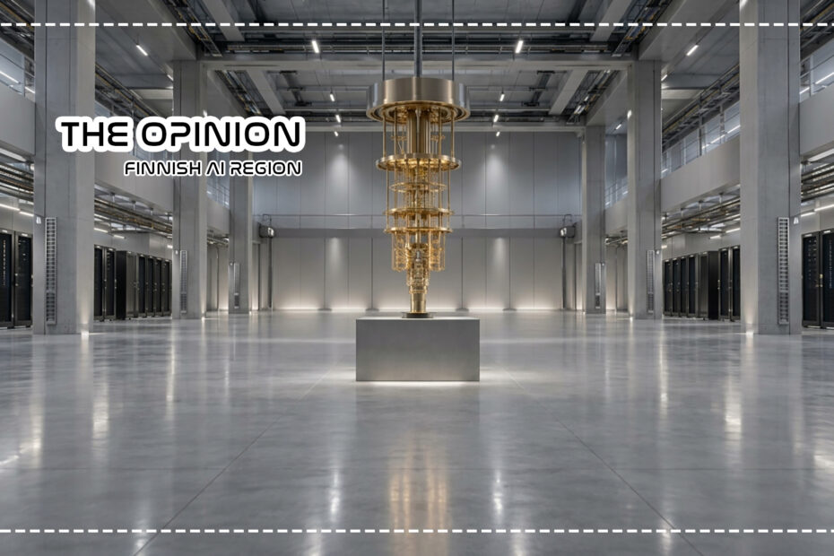 A wide-angle, symmetrical photo of a golden, chandelier-like quantum computer chandelier mounted centrally above a grey pedestal in a spacious, modern industrial facility with polished concrete floors, tall pillars, and server racks lined up along the sides. Photo created with AI.