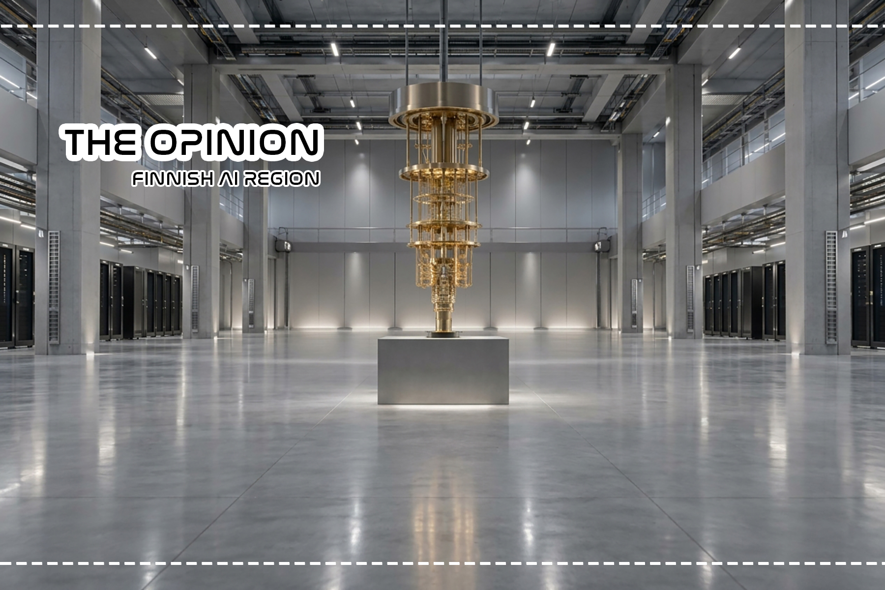 A wide-angle, symmetrical photo of a golden, chandelier-like quantum computer chandelier mounted centrally above a grey pedestal in a spacious, modern industrial facility with polished concrete floors, tall pillars, and server racks lined up along the sides. Photo created with AI.
