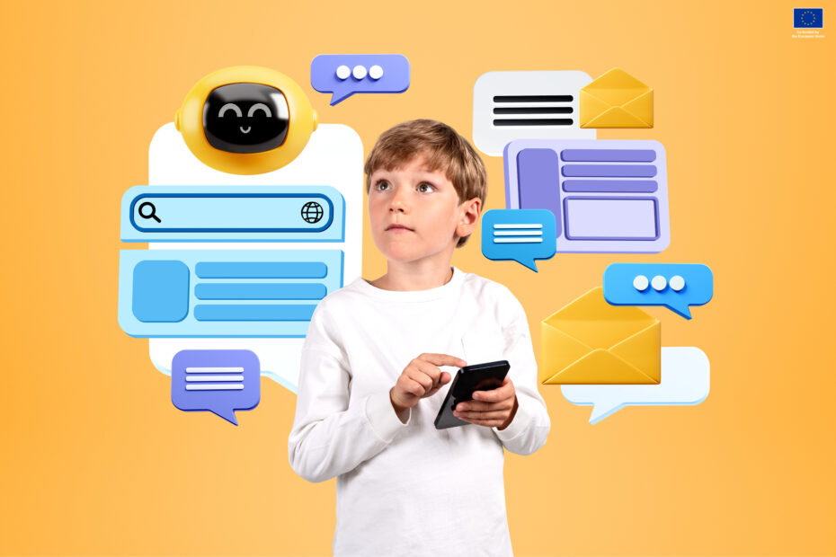 Kid using smartphone having a conversation with a virtual assistant By ImageFlow