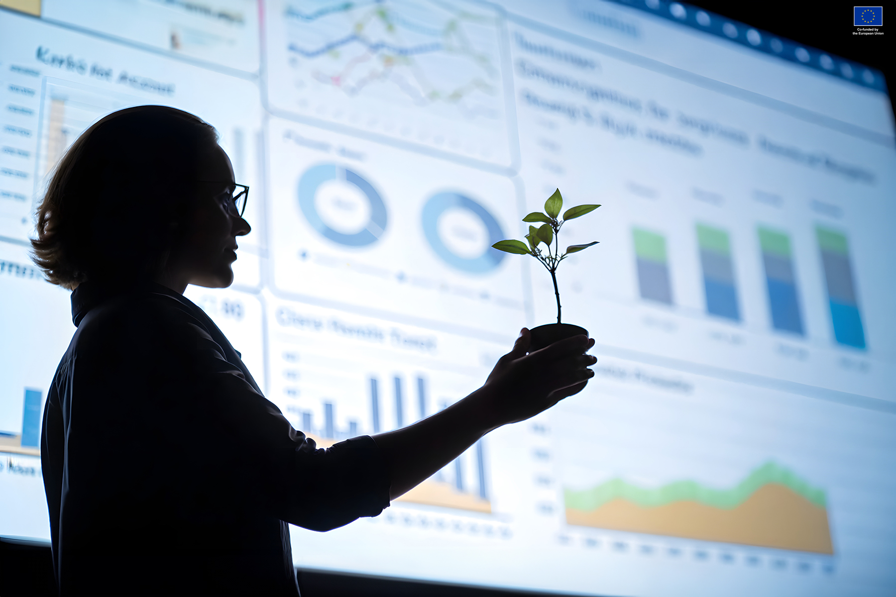 Micro ESG Reporting SMEs Silhouette of a person holding a plant in front of digital graphs and data charts on a screen. Adobe Stock Photos.