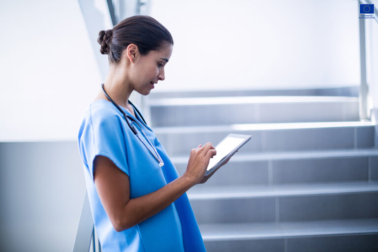 Close up of a tablet used to analyze chemical data during lab work, supporting medical discovery with bioscience and molecular research tools. By DC Studio
